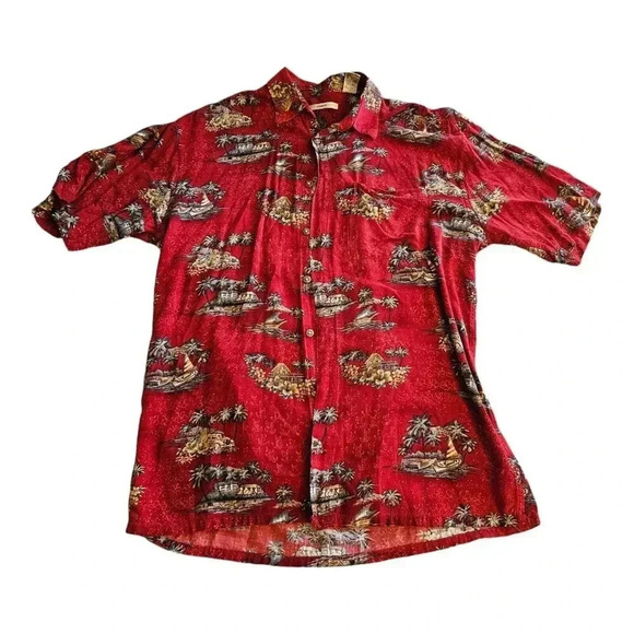Moda Campia Men Hawaiian Shirt Med Red Button Up Short Sleeve 100% Rayon - Picture 1 of 4
